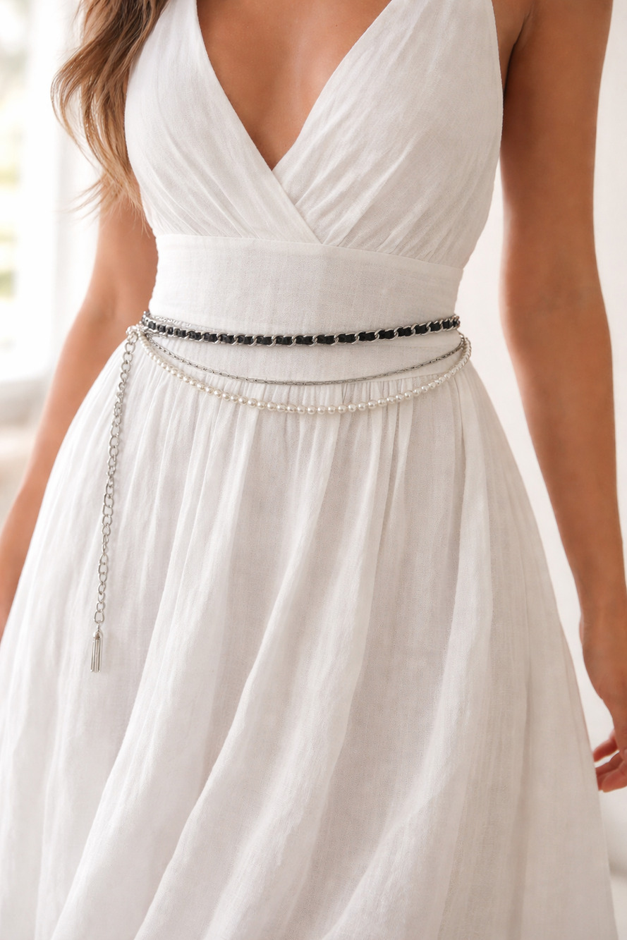 Layered Faux Pearl & Leather Waist Chain Belt Boho Festival Bridal Accessory 36"